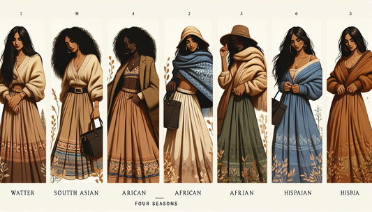 A stylish guide showcasing the mastery of the Bohemian maxi skirt throughout the four seasons. The imagery consists of four aesthetically pleasing depictions: A South Asian woman wearing a Bohemian ma