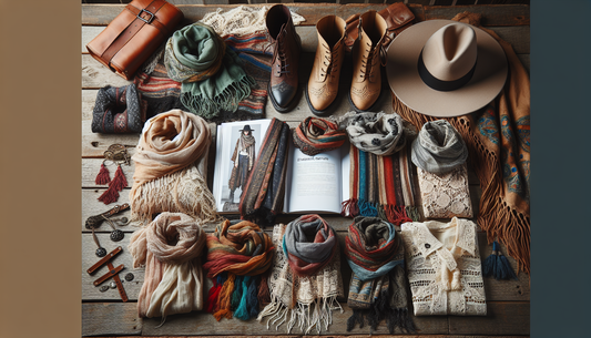A well arranged set of a variety of scarves strewn across a rustic wooden table, demonstrating different primary colors and patterns, a characteristic of Boho Chic style. The scarves have intricate de