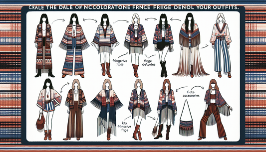Create an illustrative guide on how to incorporate fringe details into your outfits, inspired by the Boho Chic style. The image should depict a range of outfits, with emphasis on key items such as fri