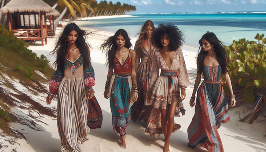 An outdoor scene on a sunny beach, with the blue ocean and palm trees in the background. Five women of different descents, such as Black, Hispanic, Middle-Eastern, South-Asian, and Caucasian, are walk