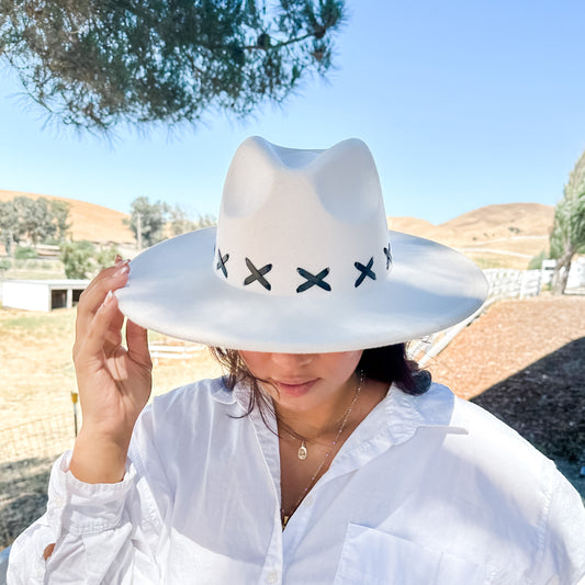 Ivory Rancher Felt Hat with Criss-Cross X Stitch